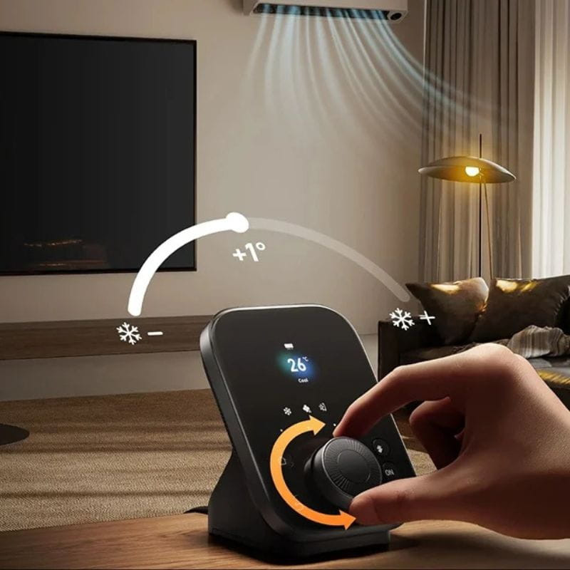 Central inteligente SwitchBot Hub 3 com display LED azul, base inclinada e botão giratório com ícones de temperatura, controlando ar-condicionado na sala