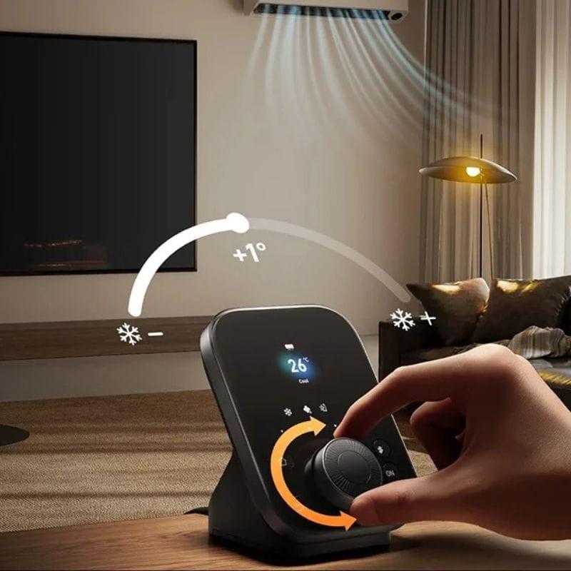 Centralita inteligente SwitchBot Hub 3 con pantalla LED azul, dial giratorio negro y soporte inclinado, controla temperatura y climatización en el hogar