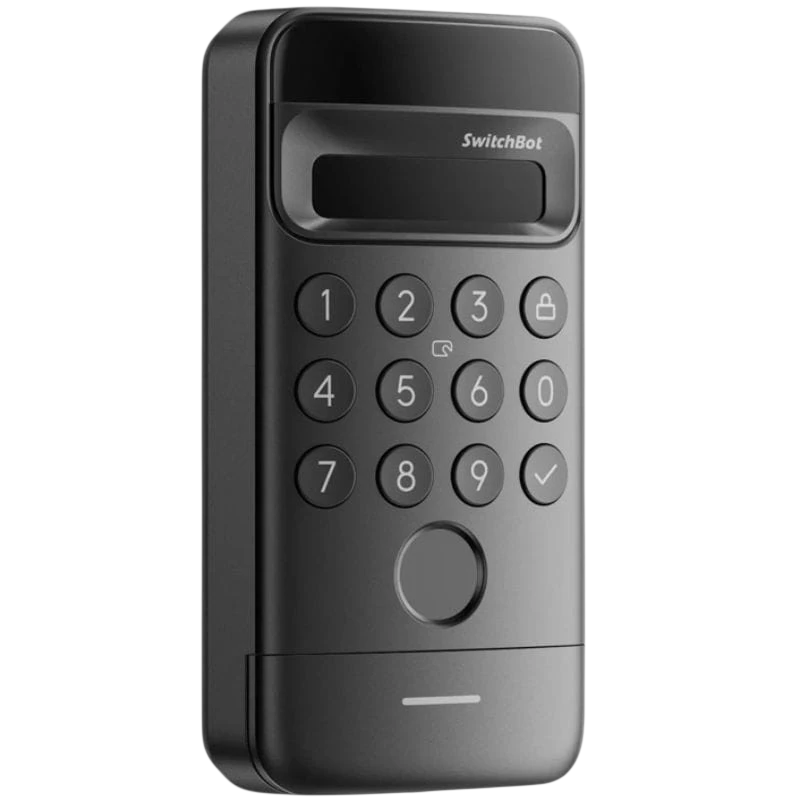 Teclado con reconocimiento facial SwitchBot Vision Lock en negro, con pantalla superior, teclas numéricas grandes, lector de huella circular y luz LED inferior