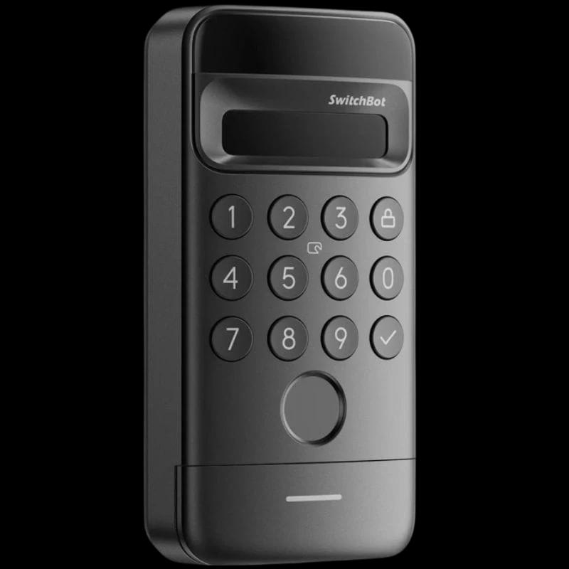 Teclado con reconocimiento facial SwitchBot Vision Lock en negro, con pantalla superior, teclas numéricas grandes, lector de huella circular y luz LED inferior