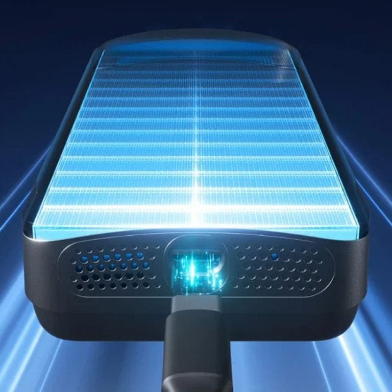 Teclado con reconocimiento facial SwitchBot Vision Lock con panel solar superior, rejillas frontales y puerto de carga, iluminación azul que resalta el sensor