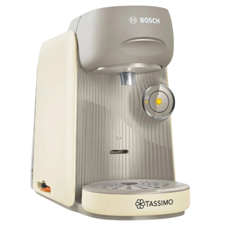 Bosch Tassimo Finesse TAS16B7, cafetera de cápsulas negra y beige con panel frontal estriado, boquilla central, botón circular iluminado y bandeja antigoteo