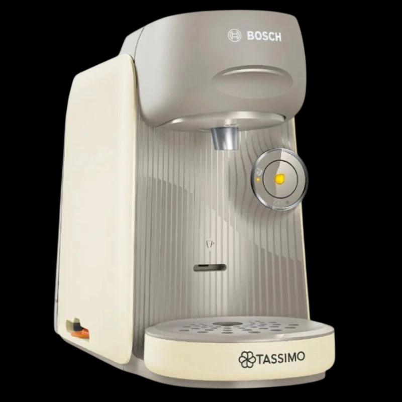 Bosch Tassimo Finesse TAS16B7, cafetera de cápsulas negra y beige con panel frontal estriado, boquilla central, botón circular iluminado y bandeja antigoteo