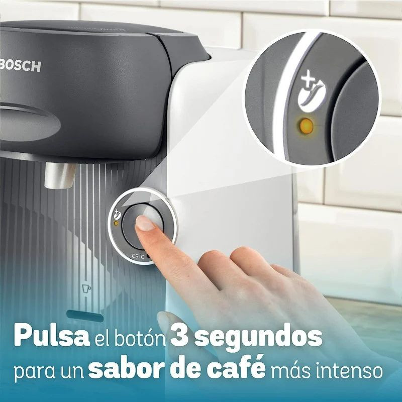 Bosch Tassimo Finesse TAS16B2 branca, compacta, com botão de intensidade de café iluminado e painel frontal prateado; design moderno para cápsulas