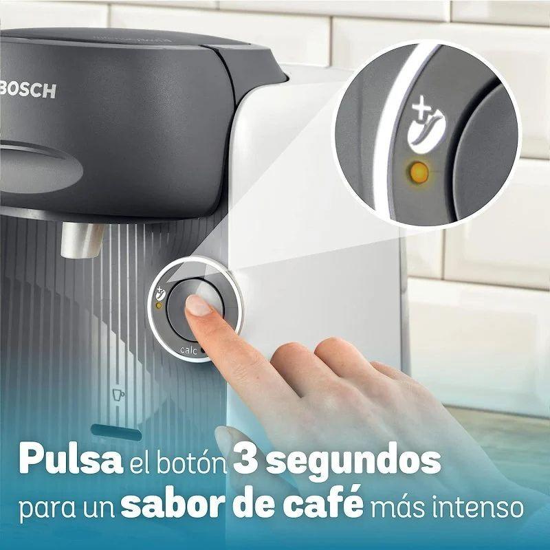 Bosch Tassimo Finesse TAS16B2 branca, compacta, com botão de intensidade de café iluminado e painel frontal prateado; design moderno para cápsulas