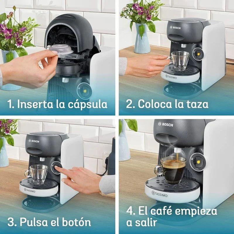 Bosch Tassimo Finesse TAS16B2 branca, compacta com acabamento cinza, painel com botão lateral iluminado, bico de saída e bandeja ajustável para xícaras