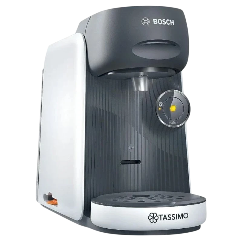 Bosch Tassimo Finesse TAS16B4 blanca, cafetera de cápsulas compacta con panel frontal gris, botón luminoso y bandeja antigoteo desmontable