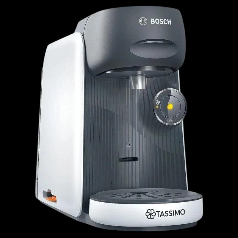 Bosch Tassimo Finesse TAS16B4 branca, compacta, com bico prateado, botão circular com luz, bandeja perfurada removível e painel frontal cinza estriado