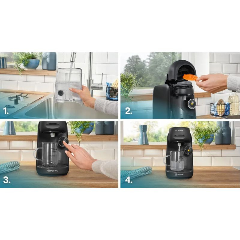 Bosch Tassimo Finesse TAS16B2 negra con depósito extraíble, sistema de cápsulas, botón frontal iluminado y boquilla para taza. Pasos de uso mostrados.