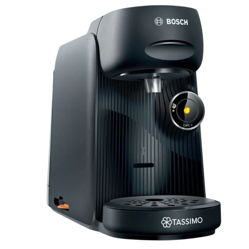 Bosch Tassimo Finesse TAS16B2, cafetera de cápsulas compacta en negro mate con panel estriado, boquilla central, bandeja antigoteo y botón circular iluminado