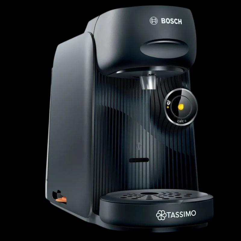 Bosch Tassimo Finesse TAS16B2, cafetera de cápsulas compacta en negro mate con panel estriado, boquilla central, bandeja antigoteo y botón circular iluminado