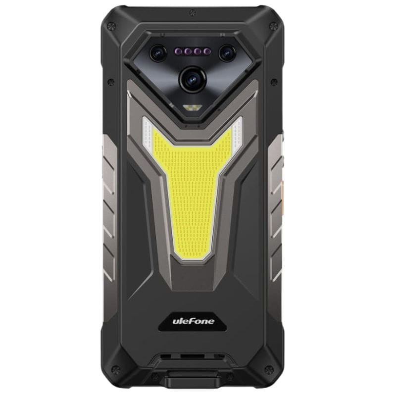 Ulefone Armor 34 Pro Plus 5G negro: carcasa rugerizada con panel trasero amarillo, módulo de cámara triple con sensores centrados y diseño robusto antigolpes