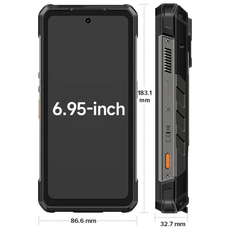 Ulefone Armor 34 Pro Plus 5G negro, diseño robusto con marcos reforzados, pantalla amplia con cámara frontal centrada y proyector integrado para exteriores