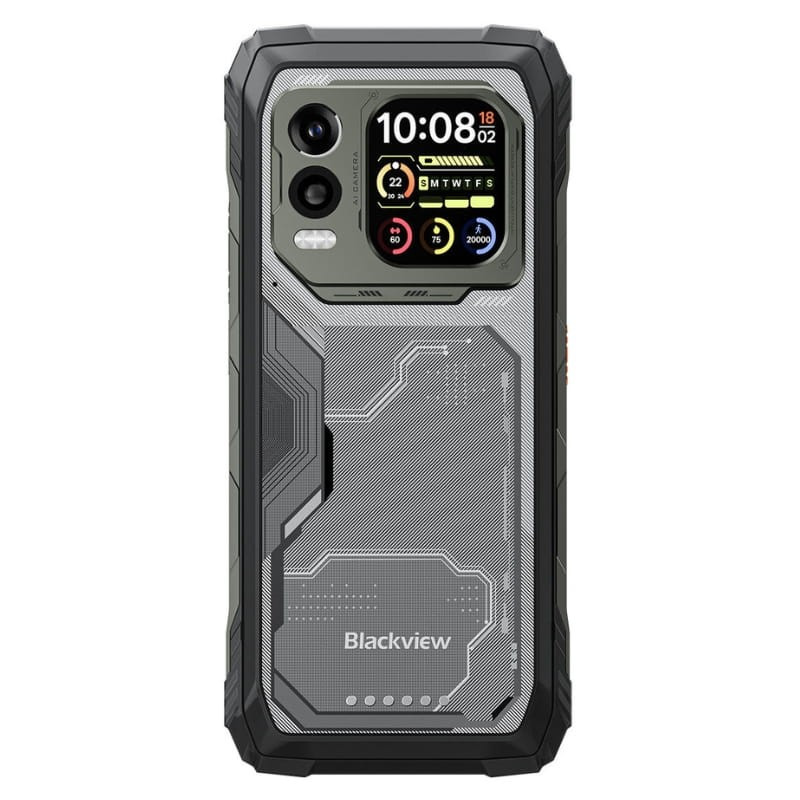 Blackview XPLORE 1 Pro 5G preto robusto com corpo reforçado, tela frontal compacta, módulo de câmera dupla, laterais texturizadas e botão laranja de atalho