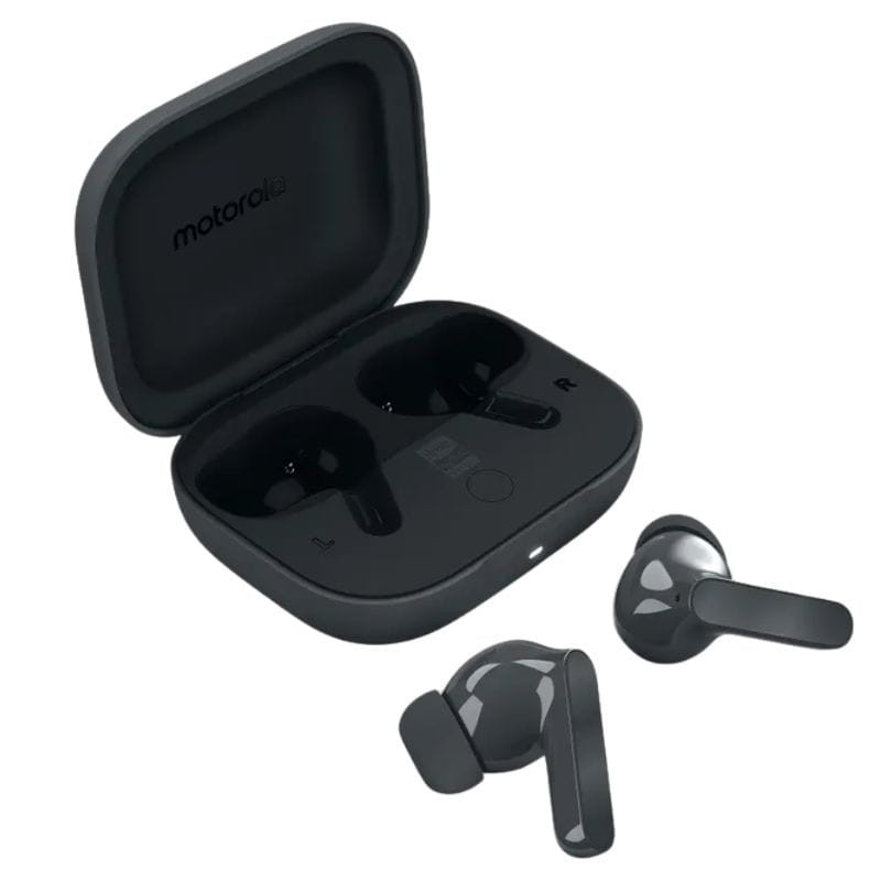 Motorola Moto Buds Bass Auriculares TWS Negro: earbuds intraaurales con acabado brillante, micrófonos integrados y puntas de silicona, diseño L/R ergonómico.