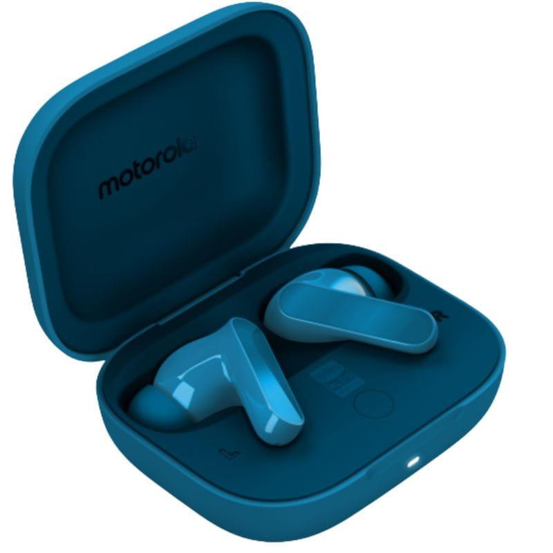 Estuche de carga azul para Motorola Moto Buds Bass Auriculares TWS, compacto con acabado mate, tapa redondeada y puerto de carga frontal.