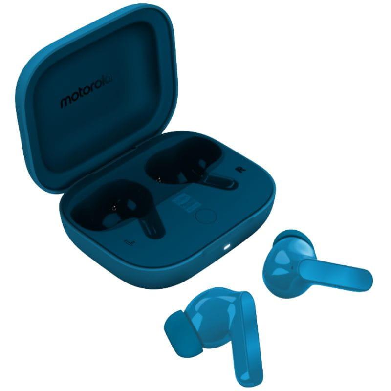 Motorola Moto Buds Bass Auriculares TWS Azul: earbuds intraurales brillantes con puntas de silicona, micrófonos integrados y diseño compacto en color azul.