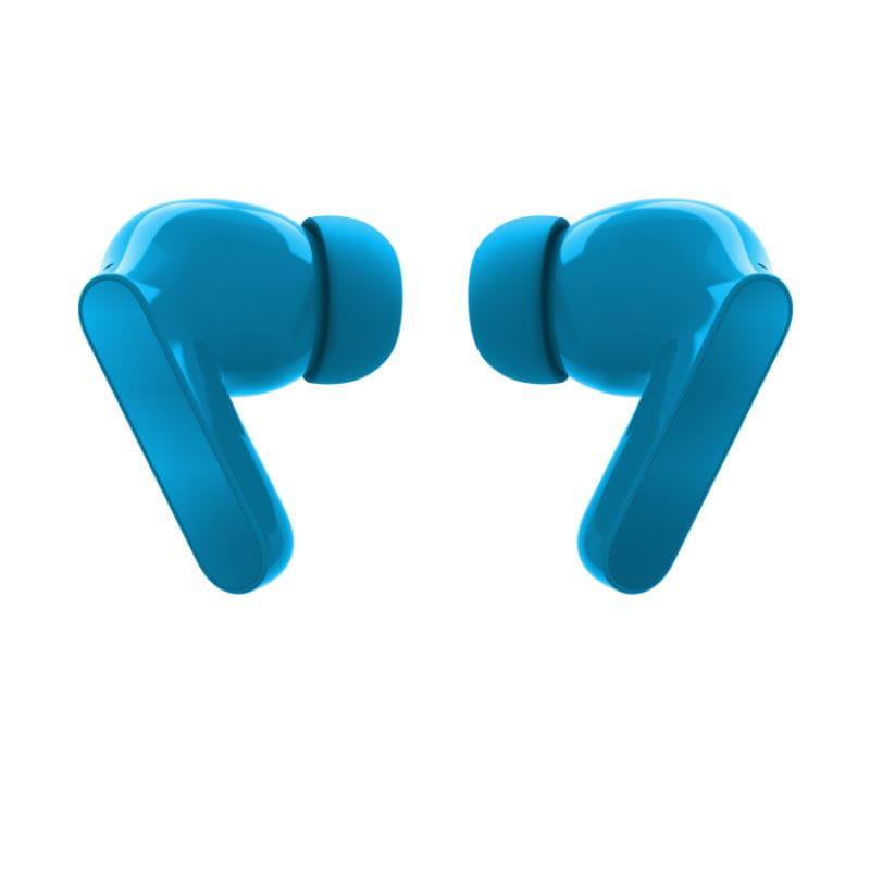 Motorola Moto Buds Bass TWS azul: estuche compacto con tapa abatible y LED frontal, dos auriculares in-ear con vástago corto y acabado brillante.
