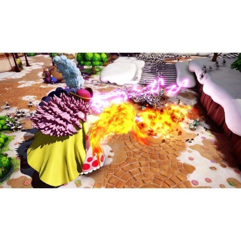 Cena de batalha em One Piece Pirate Warriors 4 para PS5, com personagens lançando chamas e relâmpagos em cenário colorido com neve e multidões
