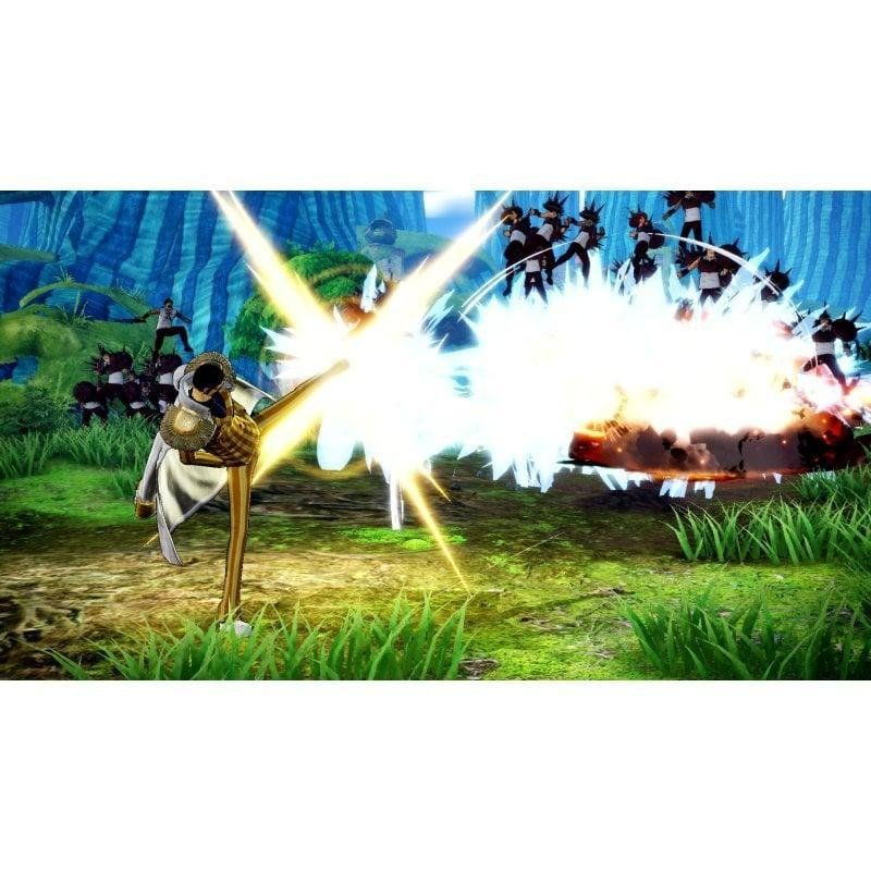 One Piece Pirate Warriors 4 - PlayStation 5: Luffy em batalha dinâmica em cenário tropical, efeitos de explosão, inimigos ao fundo, cores vibrantes
