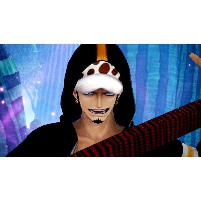 Personagem de One Piece em close, capuz preto, chapéu com manchas, olhar intenso e sorriso, empunhando espada com cabo vermelho texturizado, fundo azul