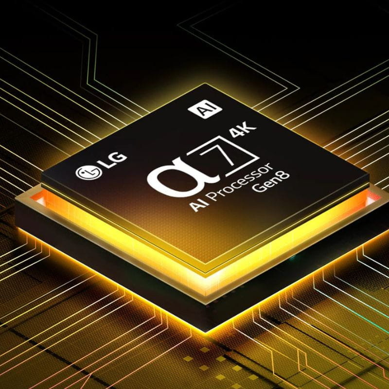 Chip LG α7 4K AI Processor Gen8 con borde luminoso dorado sobre circuito negro, diseño cuadrado y logotipos LG y AI destacados en la superficie