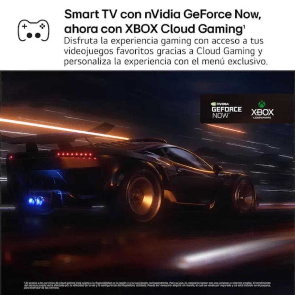 LG 55QNED70A6A 55 pulgadas 4K QNED con WebOS y WiFi; imagen de juego con coche deportivo veloz en neón, compatible con GeForce NOW y Xbox Cloud Gaming