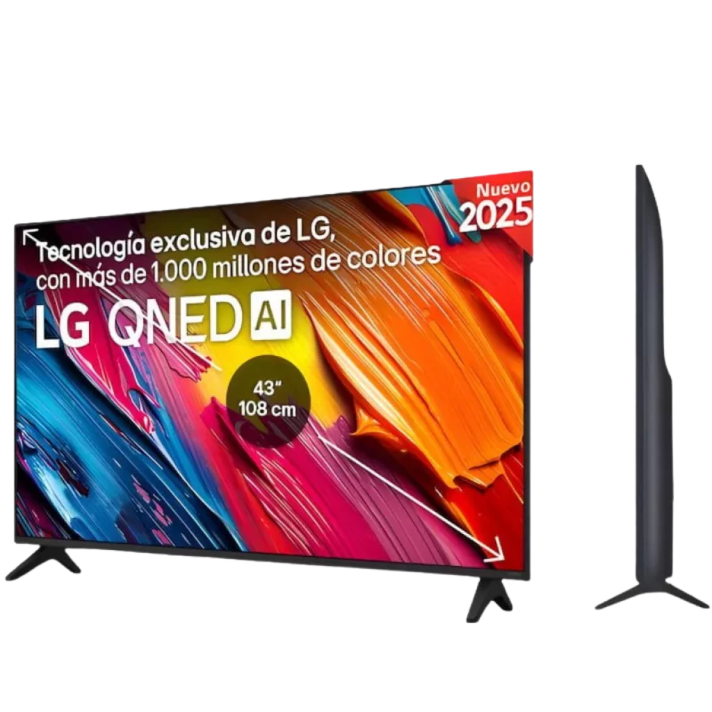 Televisor LG 55QNED70A6A 55" 4K QNED AI con biseles delgados, soporte en V, panel ultrafino, colores intensos y etiqueta Nuevo 2025 en la esquina superior
