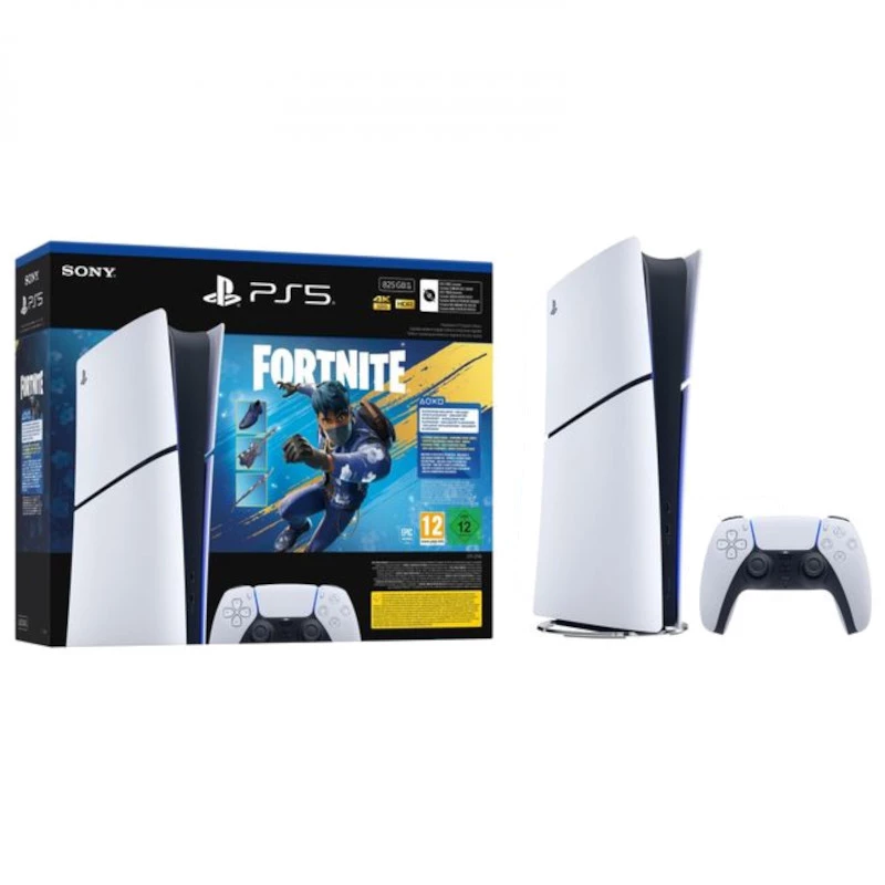 Consola PS5 Digital Chasis E blanca con luz azul, mando DualSense blanco y caja del bundle Fortnite Flowering Chaos con arte del juego y PEGI 12.