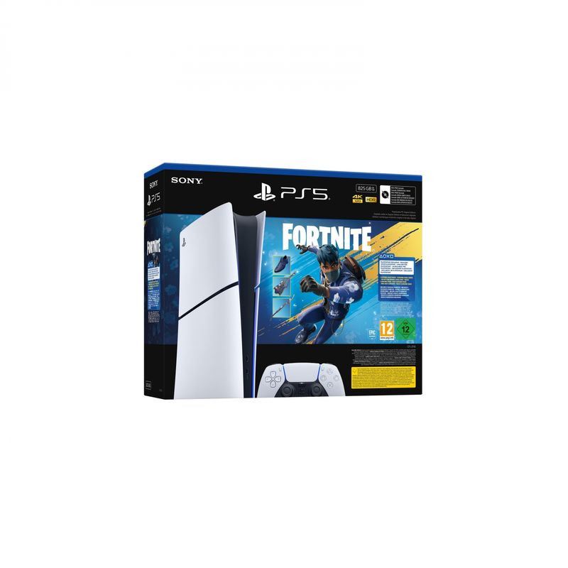 Caja de Sony PlayStation 5 Digital Chasis E con arte de Fortnite Flowering Chaos; consola blanca vertical y mando DualSense mostrados en el empaque.