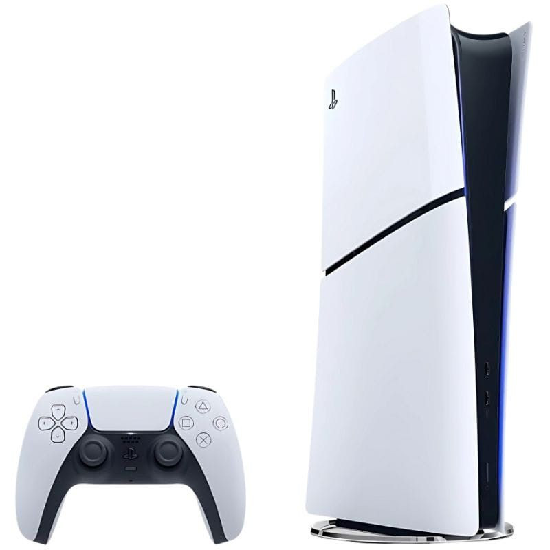Consola PS5 Digital blanca con luces azules y mando DualSense a juego, diseño vertical estilizado; paquete con Fortnite Flowering Chaos.
