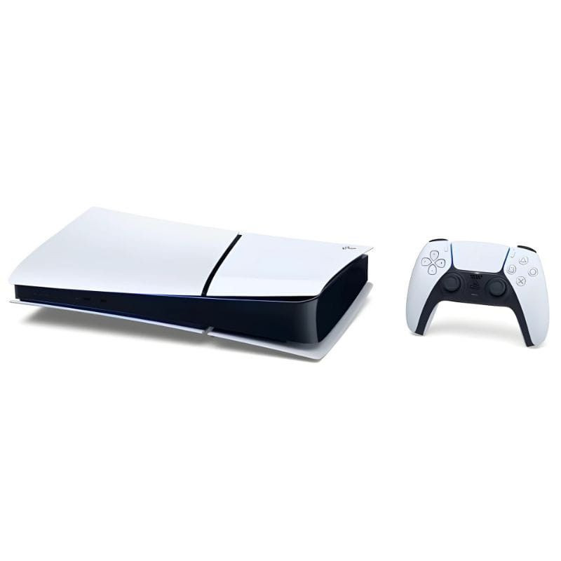 Consola PS5 Digital blanca con acabado bicolor y bordes curvos, acompañada de mando DualSense blanco con detalles negros y botones táctiles.