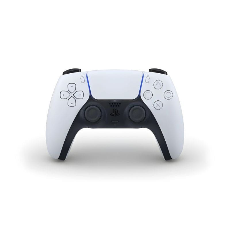 Control DualSense blanco y negro para PS5, con joysticks simétricos, gatillos adaptativos y barra luminosa azul; diseño ergonómico y botones icónicos.