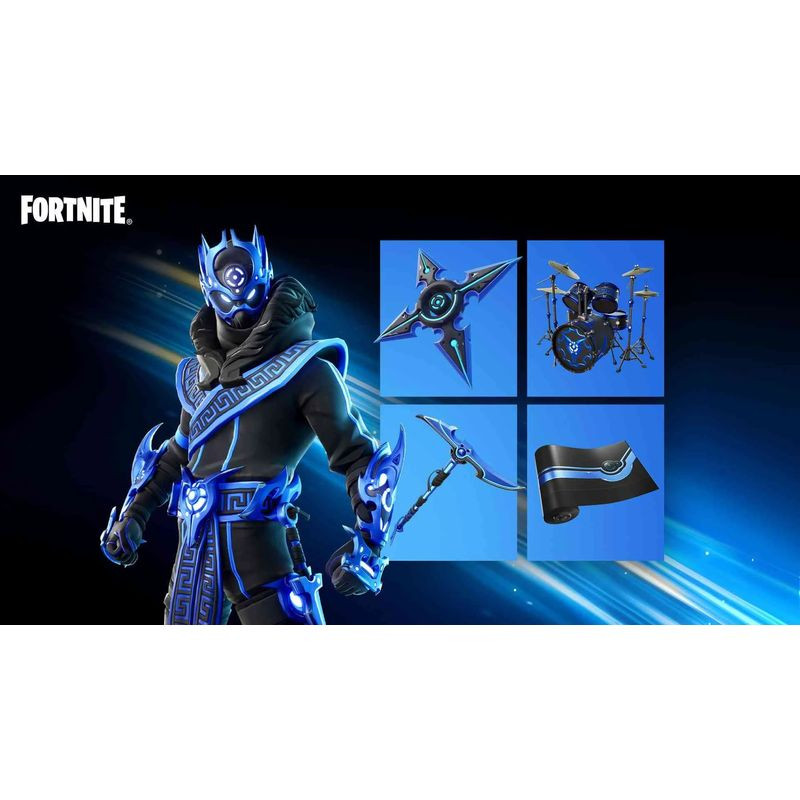 Pack Fortnite Flowering Chaos: skin futurista azul con casco y capa, pico y shuriken luminosos, batería electrónica y envoltura negra con detalles azules.