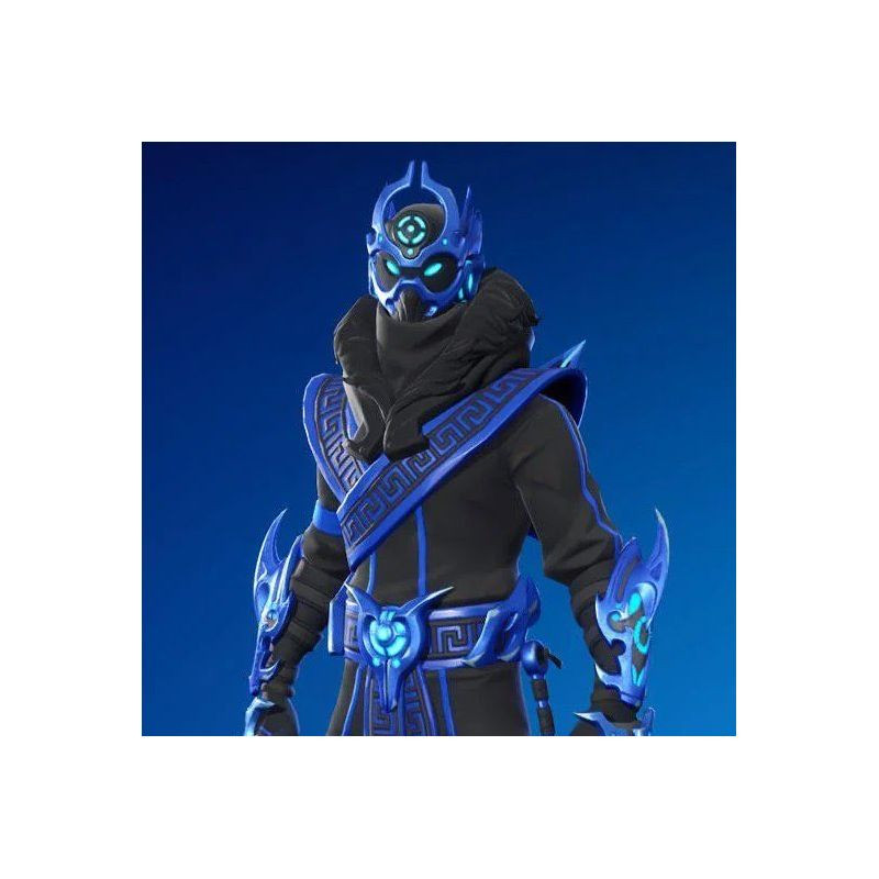 Guerrero futurista de Fortnite en negro y azul, con casco y visera luminosa, detalles tribales brillantes y armadura con resplandor azul eléctrico.