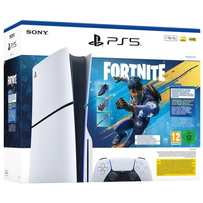 Pack Sony PlayStation 5 Slim Chasis E con 1TB; incluye Fortnite Flowering Chaos. Caja con consola blanca, DualSense y arte de Fortnite en portada.