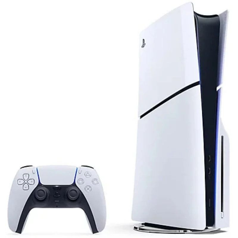 Consola PS5 Slim blanca con chasis E y mando DualSense; diseño compacto vertical, bordes curvos, detalles LED azules. Incluye Fortnite Flowering Chaos.
