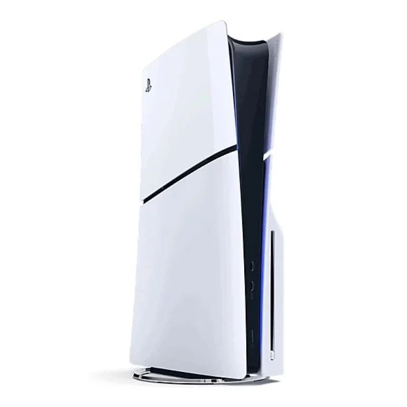 Consola PS5 Slim Chasis E blanca con lector de discos, diseño vertical minimalista, luces LED azules y acabado bicolor blanco/negro. Incluye Fortnite.