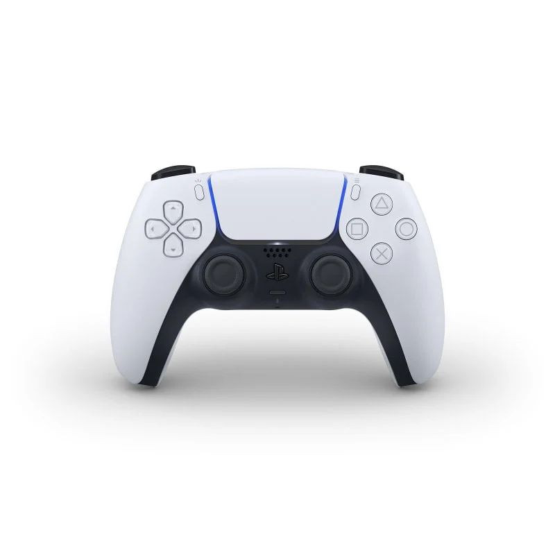 Mando DualSense blanco y negro para PS5 Slim Chasis E, con panel táctil, gatillos adaptativos, iluminación LED azul y botones icónicos PlayStation.