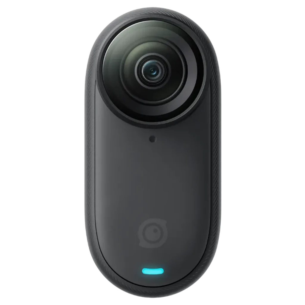 Insta 360º GO 3S Negro, cámara deportiva ultracompacta en color negro mate con lente gran angular prominente y luz LED frontal azul