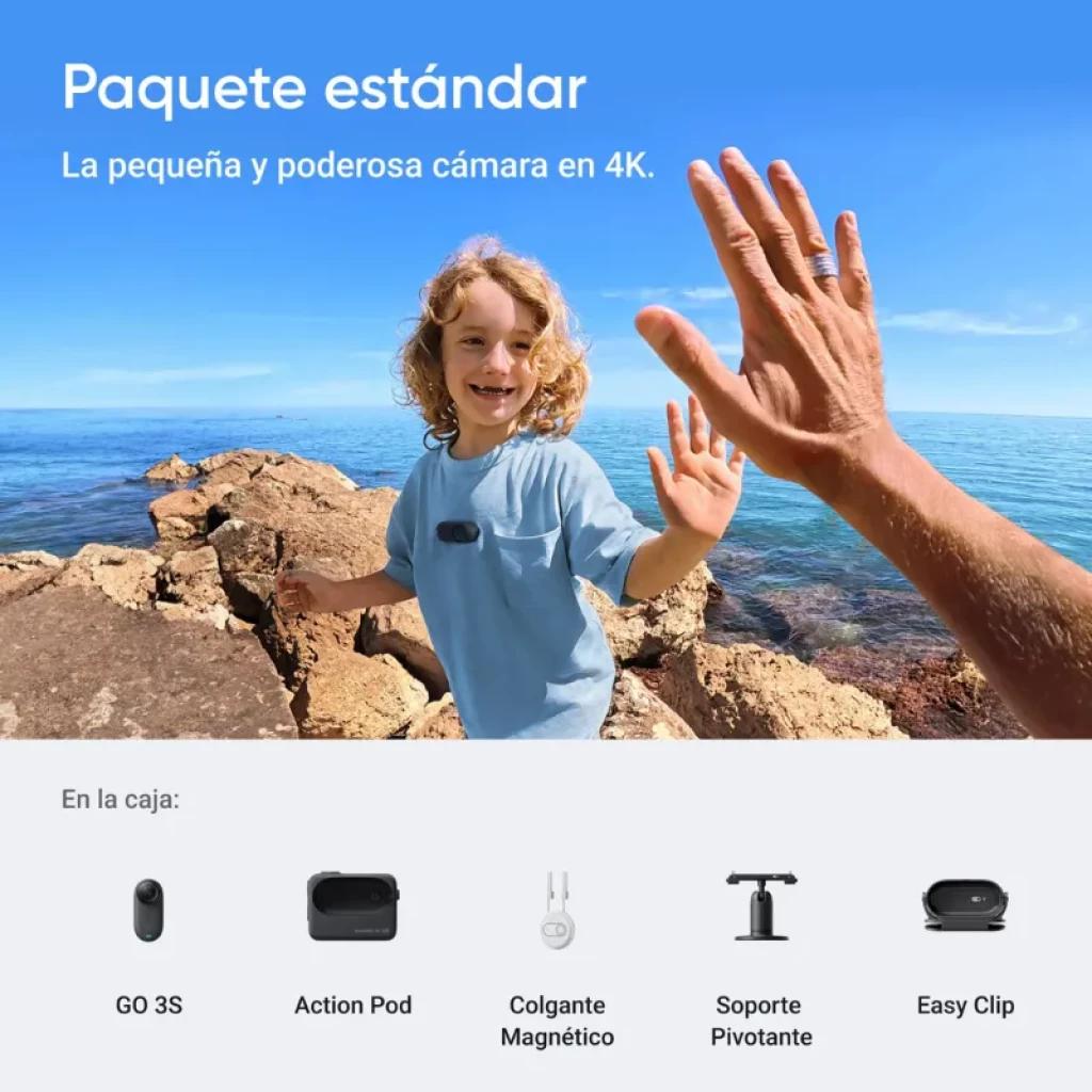Insta 360º GO 3S Negro, cámara deportiva compacta 4K con Action Pod, colgante magnético, soporte pivotante y clip fácil; ideal para tomas en movimiento