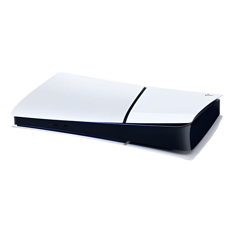 Consola PS5 Slim Digital renovada en blanco, 1 TB. Diseño ultradelgado bicolor con bordes curvos, puertos frontales y acabado en estado excelente.