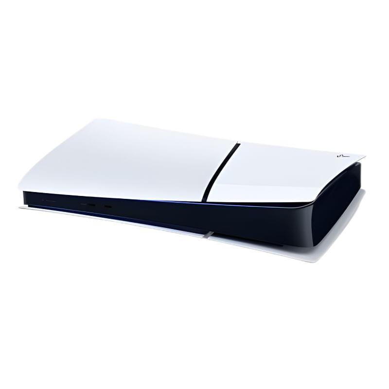 Consola PS5 Slim Digital renovada en blanco, 1 TB. Diseño ultradelgado bicolor con bordes curvos, puertos frontales y acabado en estado excelente.