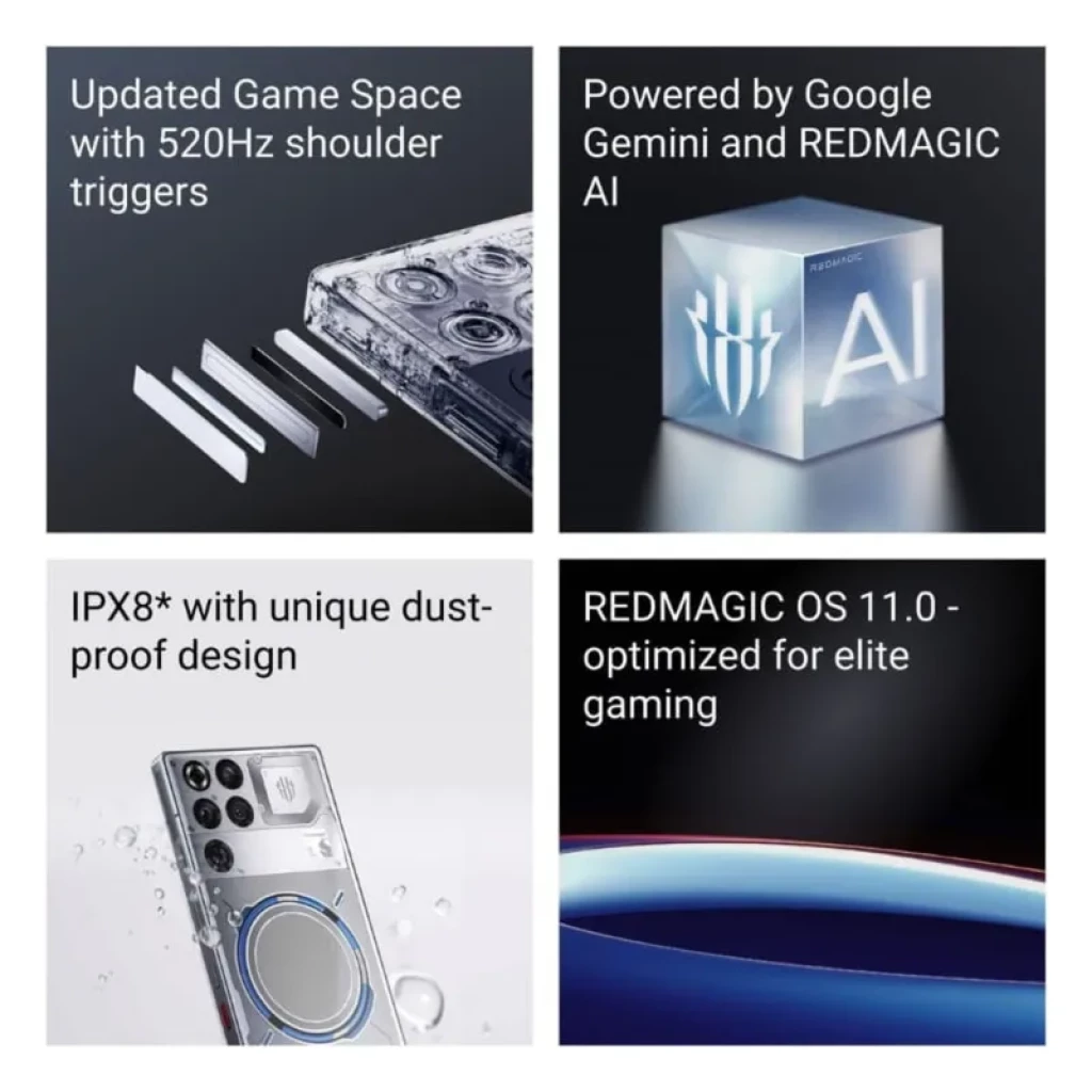 Nubia Redmagic 11 Pro 5G noir mat Cryo avec gâchettes 520Hz, IPX8 étanche antipoussière, IA Google Gemini, REDMAGIC OS 11 optimisé gaming