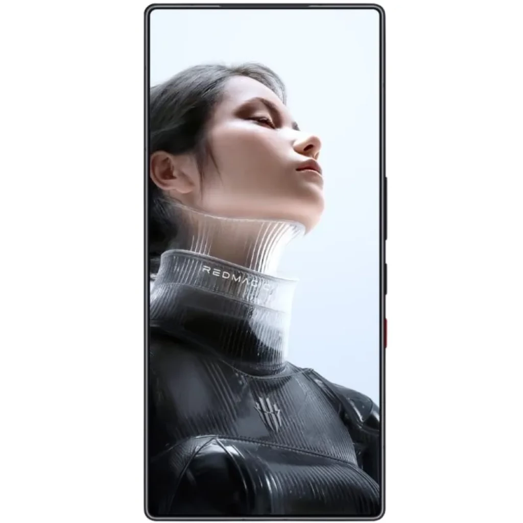 Écran bord à bord sans encoche, bords fins et bouton latéral rouge; façade affichant un portrait futuriste, design Noir Mat Cryo élégant et gaming