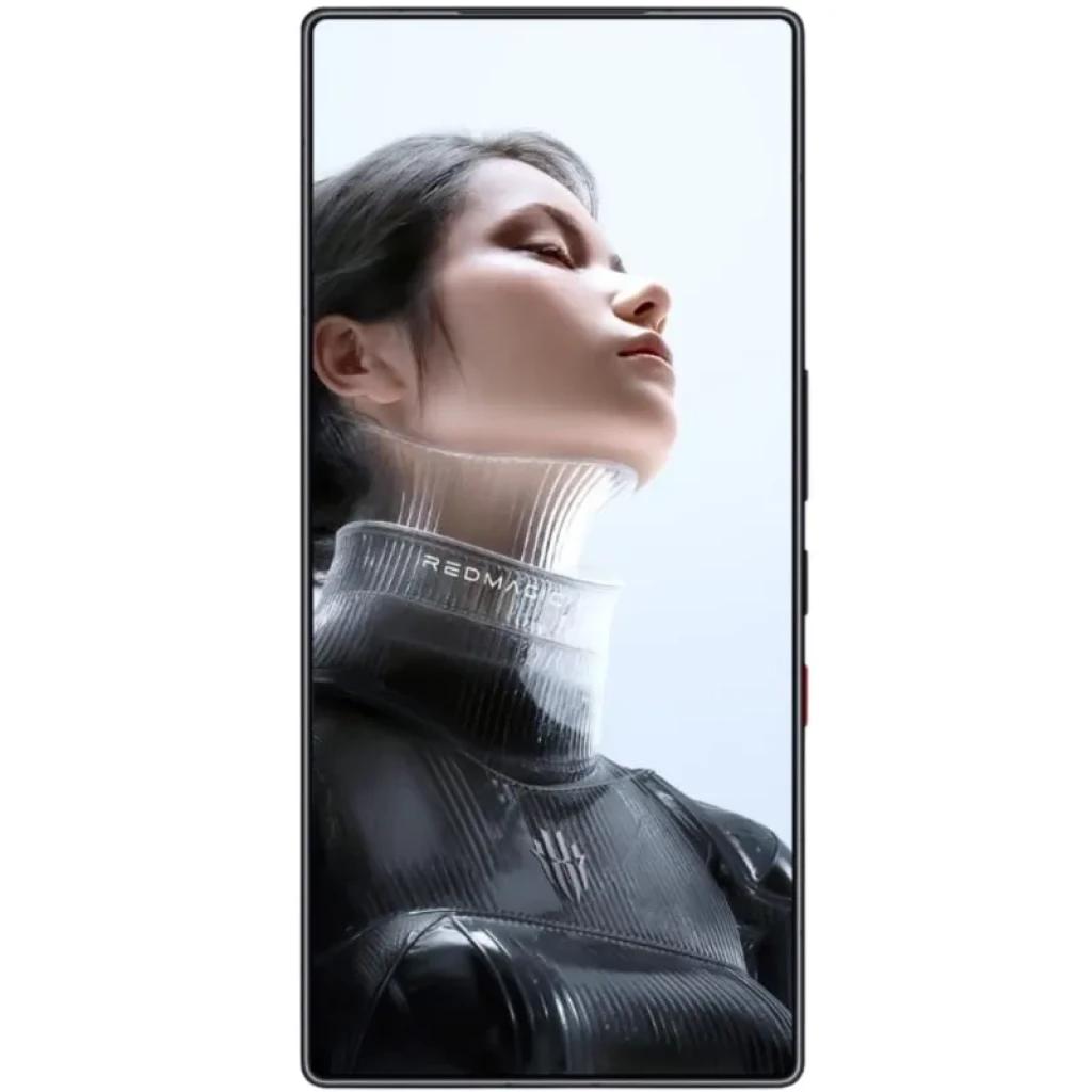 Écran bord à bord sans encoche, bords fins et bouton latéral rouge; façade affichant un portrait futuriste, design Noir Mat Cryo élégant et gaming