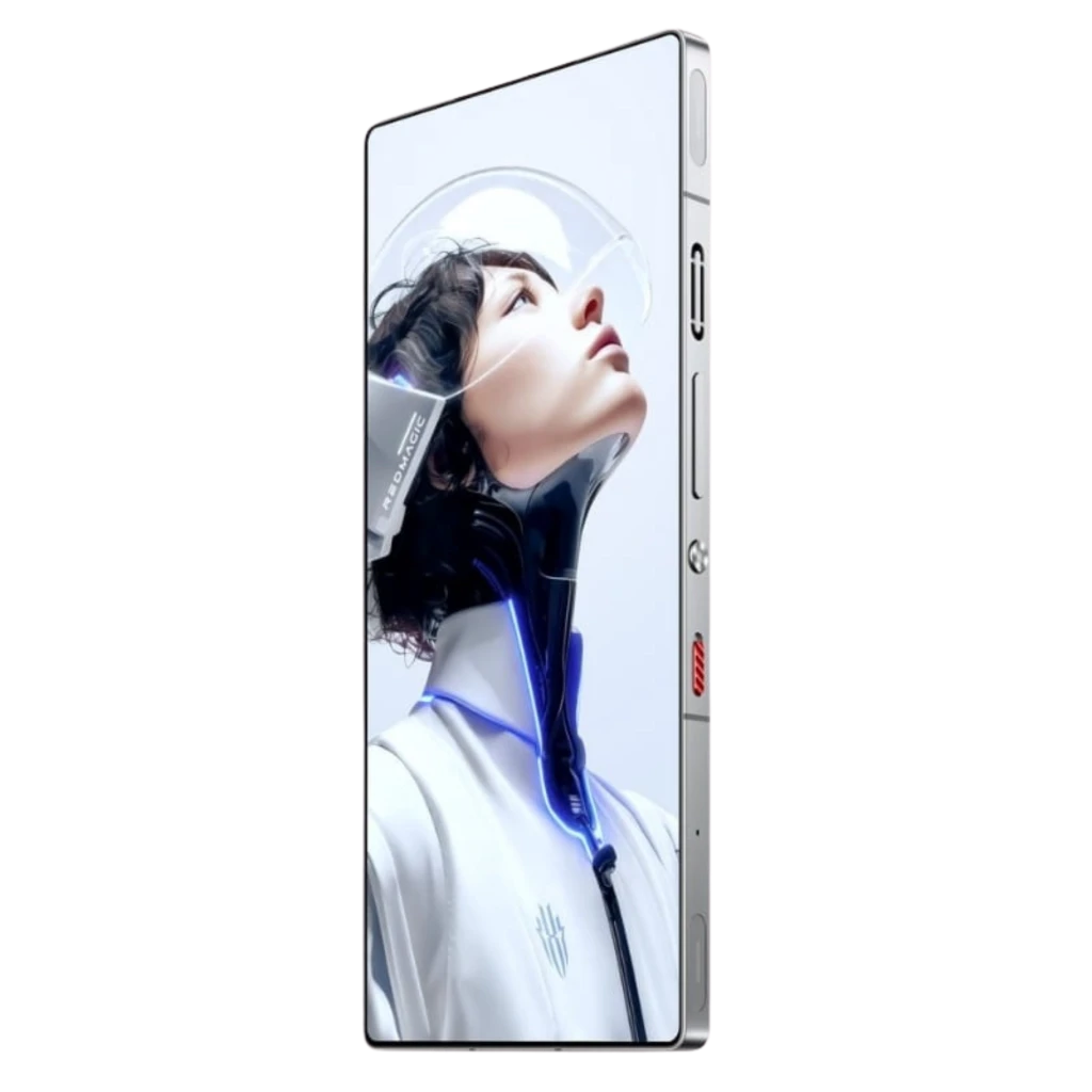 Smartphone gaming prata transparente com laterais planas, botões dedicados e tela sem bordas; detalhe RGB lateral e design futurista Subzero