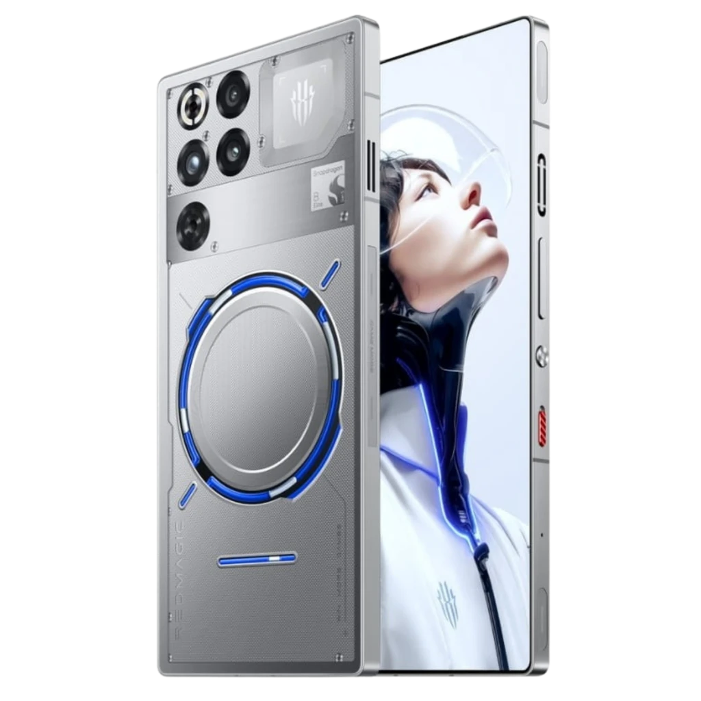 Smartphone gamer prata transparente com design futurista, iluminação azul, módulo circular traseiro, múltiplas câmeras e tela frontal sem bordas Subzero