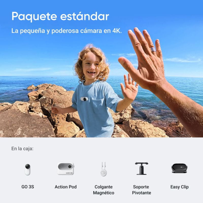 Cámara deportiva Insta 360º GO 3S 64GB Blanco con lente frontal, cuerpo compacto blanco y accesorios: Action Pod, colgante magnético, soporte y clip