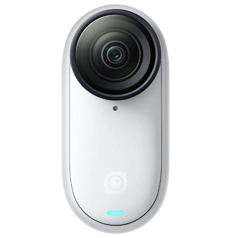 Cámara deportiva Insta 360º GO 3S 64GB Blanco compacta y ligera, cuerpo ovalado blanco con lente gran angular prominente y LED frontal indicador